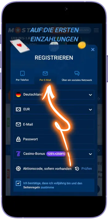 Mostbet Registrierungsmethode wählen